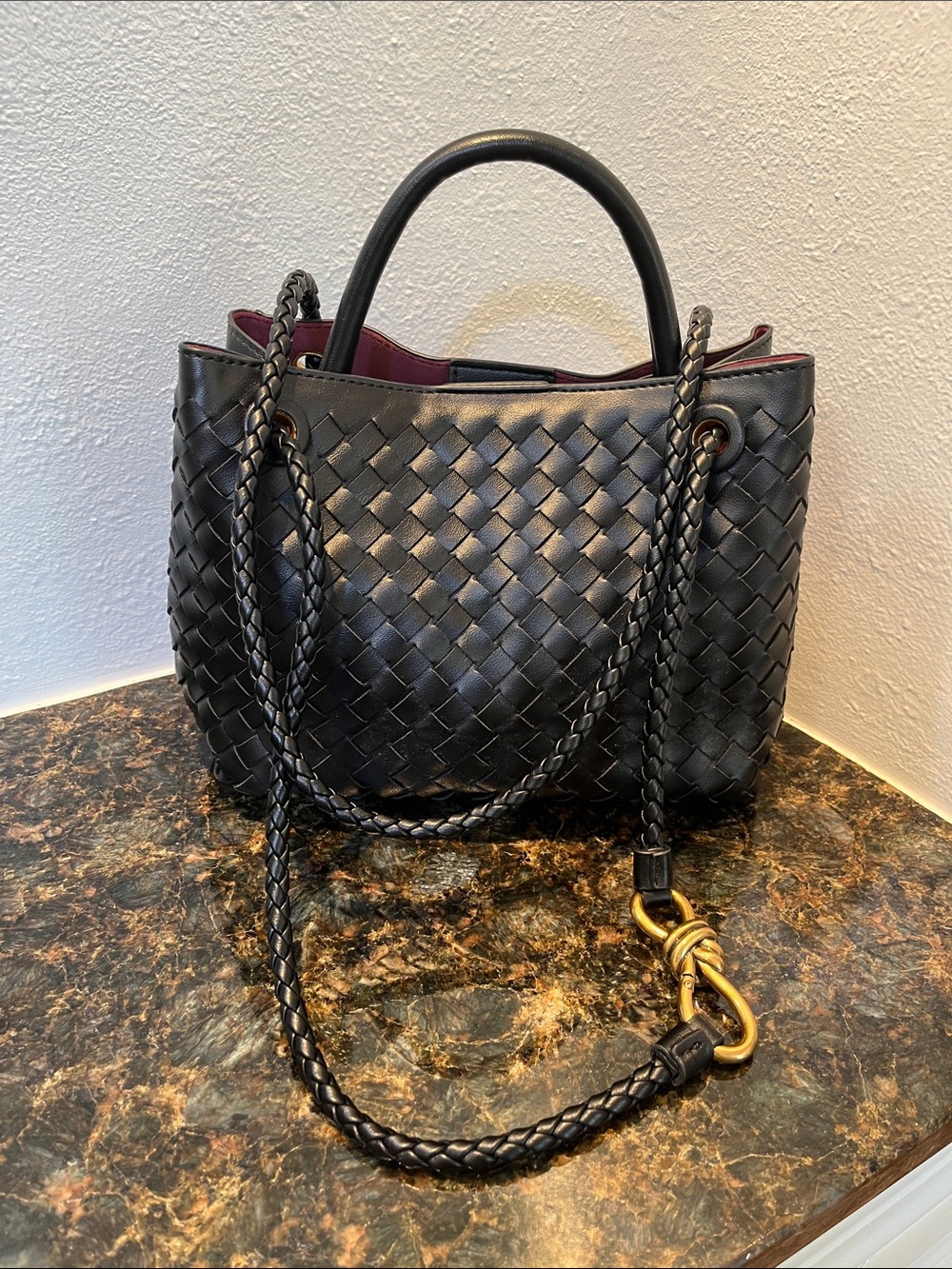 Black Woven Leather Shoulder Tote with Braided Strap and Gold Accent